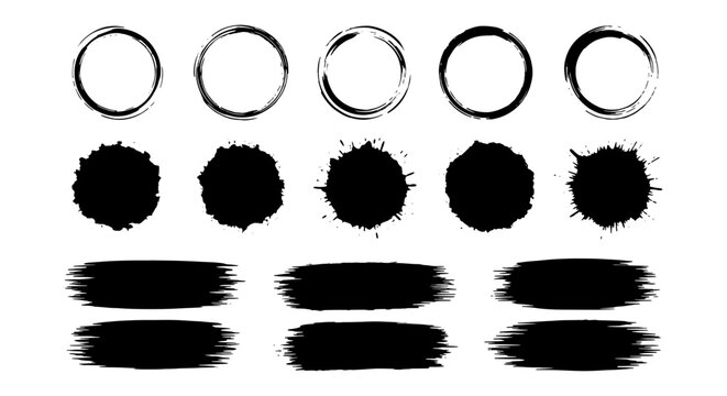 Grunge black ink brush strokes and circles, hand drawn paint splatters and textured round frames, set of 16 vector design elements for artistic borders