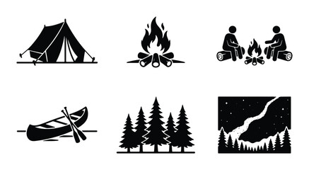Camping adventure icon set, outdoor recreation silhouettes with tent and campfire, wilderness nature symbols for hiking and forest travel © Rukaiya