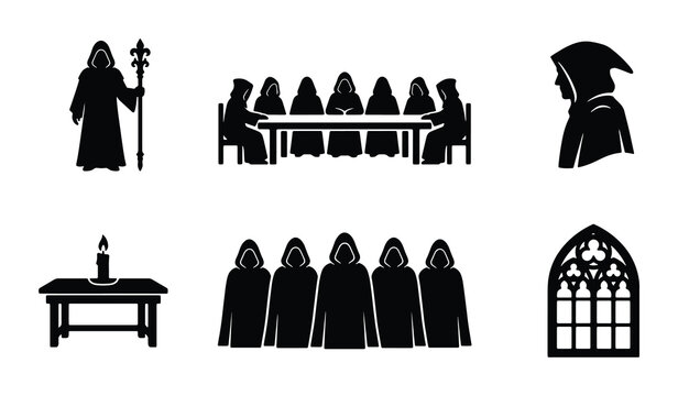 Mysterious secret society silhouette icons, hooded cult members in robes, medieval occult ritual vector set, gothic monastery and religious sect symbols