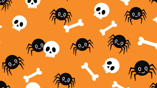 Fun and spooky seamless Halloween pattern with cute black spiders, white skulls, and bones on a bright orange background for decor.