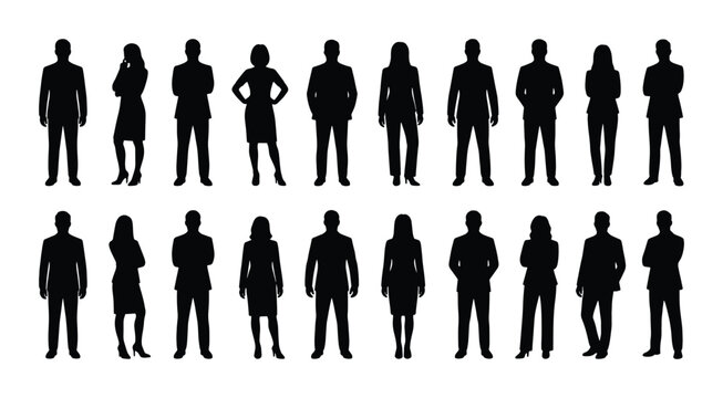 Professional business people silhouettes set, 20 diverse corporate employee figures in black, standing office worker character icons for web design