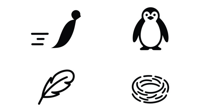 Abstract Penguin Icons: Conceptual image depicting a set of minimalist icons including a penguin, its feather, speed, and nest. Representing natural concepts in a unique artistic style.