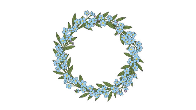 Elegant circular wreath made of blue forget-me-not flowers and green leaves isolated on a white background for spring decoration.