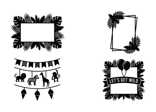 Safari jungle animal silhouettes and tropical leaf frames, black wild one birthday party decorations, exotic foliage border vector set