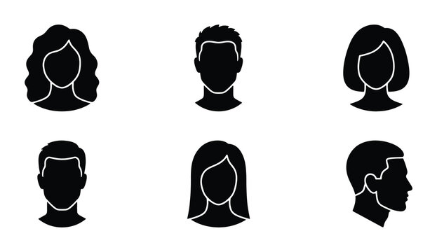 Minimalist avatar icons set, black silhouette profile heads of men and women, 6 vector user person symbols for web interface and social media