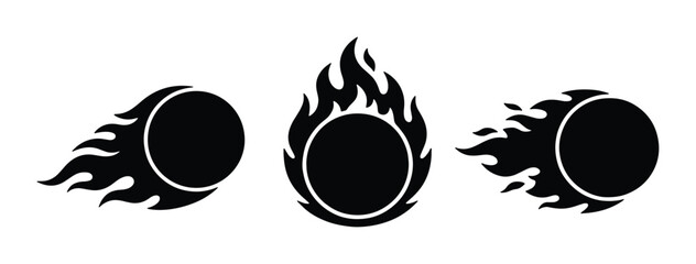 Flaming fireball vector icons, black silhouette fire ball set, burning circular comet trail graphics, hot speed motion elements for logo design © Taslima