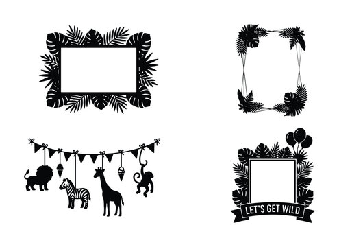 Safari animal silhouette frames and jungle leaf borders, black tropical foliage frames with wild animals and bunting, nursery decor vector set