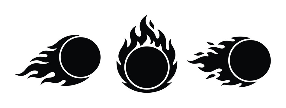 Flaming fireball vector icons, black silhouette fire ball set, burning circular comet trail graphics, hot speed motion elements for logo design