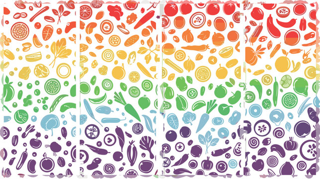 Seamless rainbow vegetable pattern set with fruits and organic food silhouettes colorful background flat vector illustration collection