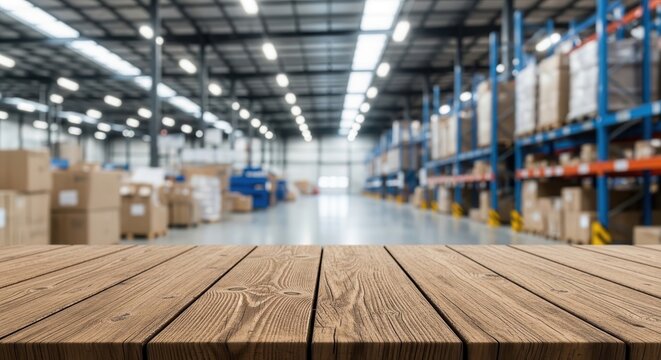 empty wooden table in a warehouse storage facility