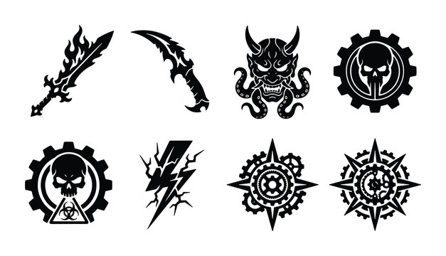 Dark fantasy gaming icons set, black vector silhouettes of skulls and weapons, 8 aggressive gothic emblems for esports and apparel design