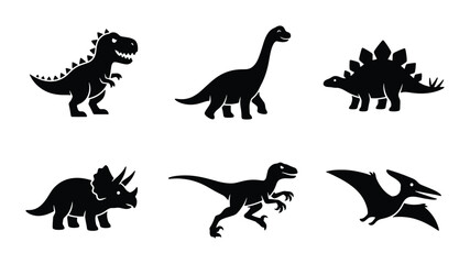 Dinosaur silhouette vector icons set, prehistoric animal collection with 6 elements, black t-rex and triceratops graphics for educational design © Rubel
