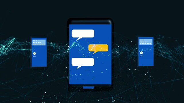 Mobile phones display apps on plexus background