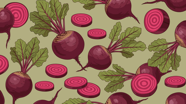 Seamless background pattern showcases whole beetroot plants with green leaves and sliced round beet roots on a muted green surface.