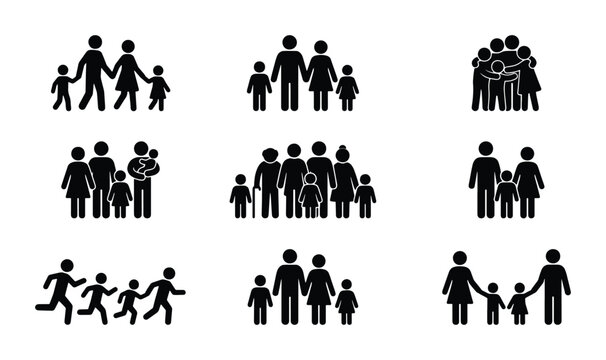 Family stick figure icon set, black silhouette people pictograms of parents and children, diverse family units and multi-generational group vectors