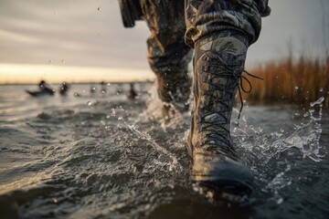 Naklejka premium A hunter wades through shallow water at sunrise, creating a splash as they move forward, showcasing specialized camouflage gear and a focus on outdoor pursuits.
