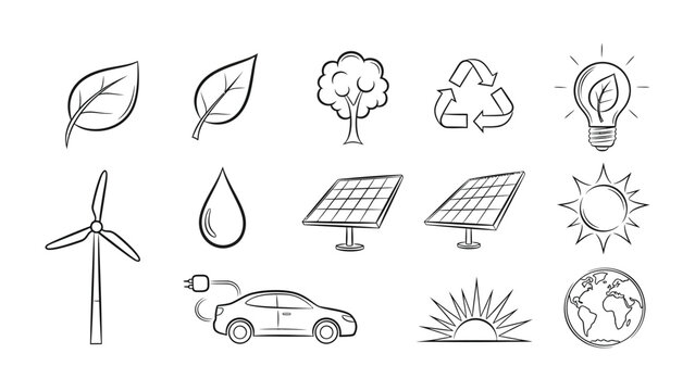 Sustainable World Elements: Hand-drawn icons of crucial elements representing sustainable living and eco-friendly practices, including leaves, trees, recycling symbol, light bulb, wind turbine.