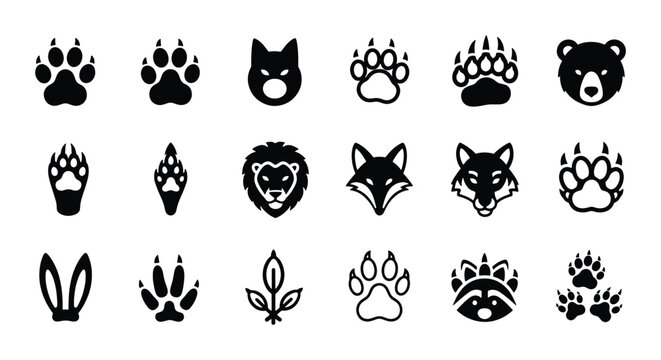 Wild animal paw prints and predator head icons, 18 black vector silhouettes of wildlife tracks and forest creature faces, nature hunting symbols