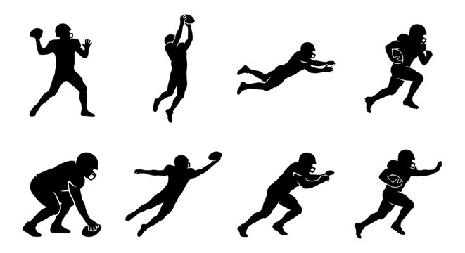 American football player silhouettes set, 8 black vector icons of athletes in action, professional football player poses for sports branding and team logos