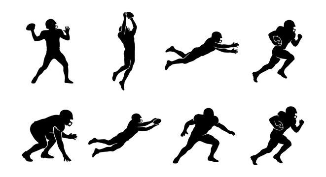 American football player silhouettes set, 8 athlete vector icons in action poses, black sport figures jumping and running for team competition graphics