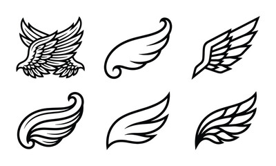 Fototapeta premium Vintage wing vector set, black and white heraldic bird wings, 6 hand drawn feather wing icons, retro tattoo and logo design elements
