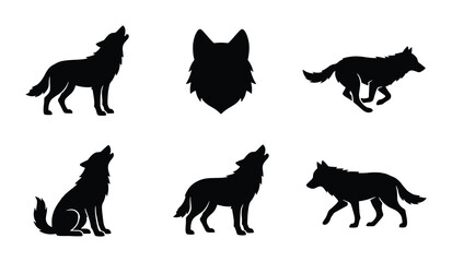 Black wolf silhouette collection, 6 wild animal vector icons, howling and running timber wolf shapes, predatory canine mascot set for logos © Abdullah