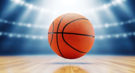 Obraz premium Textured orange basketball controlled during a competitive game on a polished hardwood court inside a bright professional indoor arena, fitness, reflection, gym
