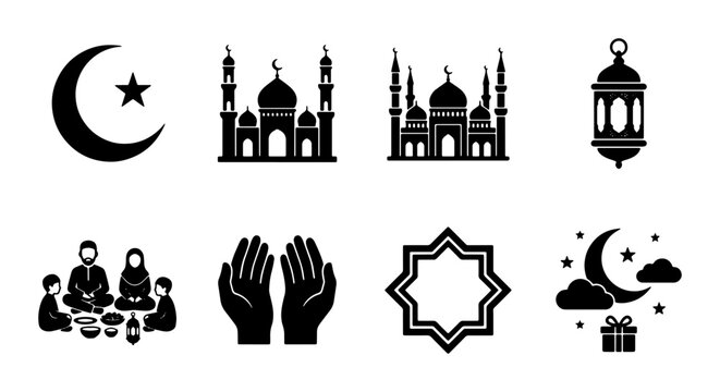 Islamic Ramadan icon set, 8 black solid vector silhouettes of mosque, crescent moon and lantern, Muslim family eating and praying hands