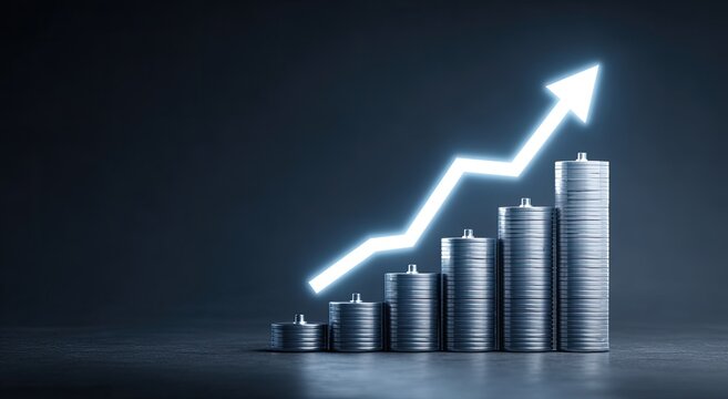 A glowing arrow ascends over a growing stack of coins, symbolizing financial growth and success.