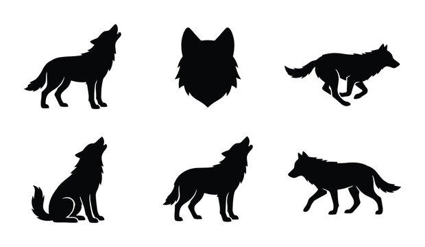 Black wolf silhouette collection, 6 wild animal vector icons, howling and running timber wolf shapes, predatory canine mascot set for logos