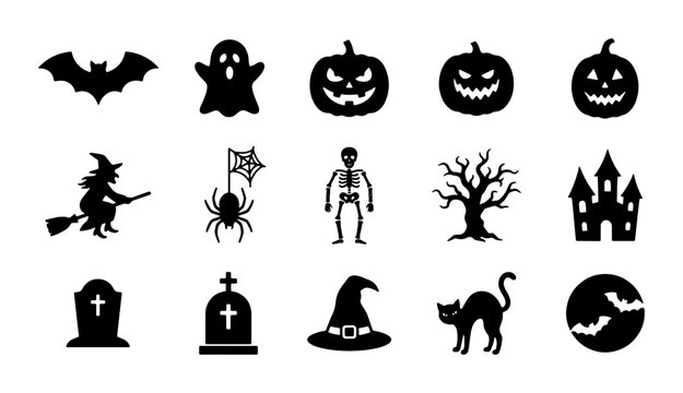 Halloween silhouette icon set with 15 black vector elements, spooky holiday symbols collection, flat horror graphics for party invitations
