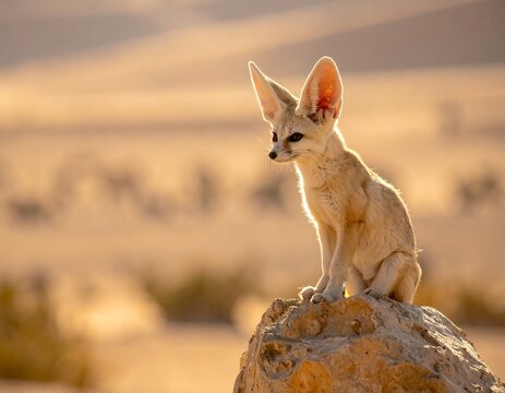 Fennec Fox Sitting On Rock In Golden Desert Sunlight Wildlife Photograph With Large Ears And Soft Cream Fur During Sunset