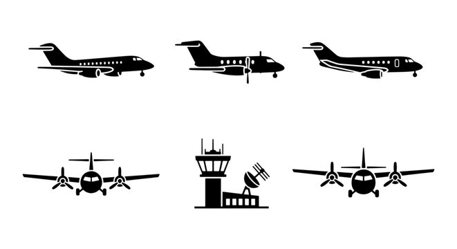 Aviation icon set with private jet silhouettes and airport control tower. Commercial airplane vector collection. Flight transport symbols for travel apps.