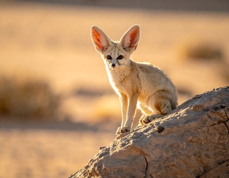 Cute Fennec Fox Sitting On A Rock In The Desert At Sunset Wildlife Photography With Golden Backlight And Large Ears Sandy Beige Desert Landscape