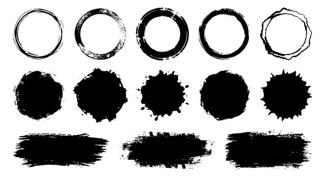 Grunge black ink brush strokes and circles set, hand drawn paint splatters and textured round frames, 13 vector design elements for artistic branding