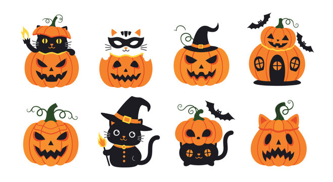 Eight unique Halloween pumpkin characters feature spooky faces, black cats, witch hats, and bats in a festive orange set.