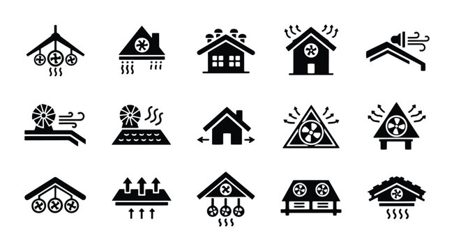 Roof ventilation icon set, 15 black vector symbols for attic airflow and home cooling systems, residential ventilation and exhaust fan icons