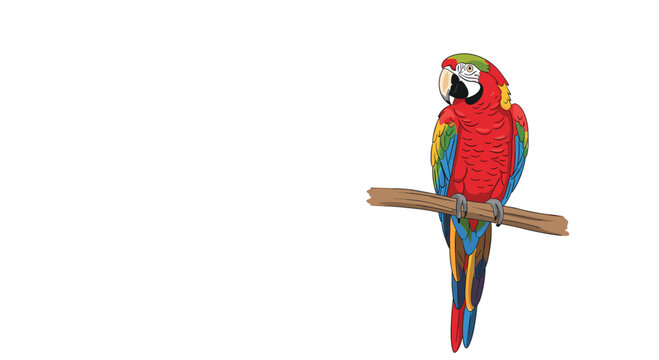 Beautiful red and blue macaw parrot perched on a wooden branch shown against a clean and plain white background.
