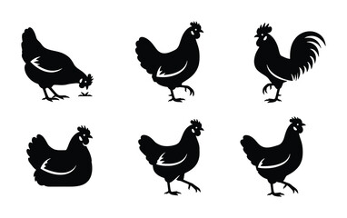 Black chicken silhouette collection, 6 farm bird vector icons, rustic rooster and hen silhouettes, poultry livestock graphics for organic food branding © Shahnaz