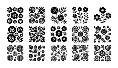 Scandinavian folk art flower icons, set of 15 black floral vector illustrations, minimalist botanical silhouettes for branding and pattern design © Farida