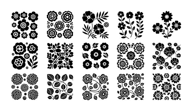 Scandinavian folk art flower icons, set of 15 black floral vector illustrations, minimalist botanical silhouettes for branding and pattern design