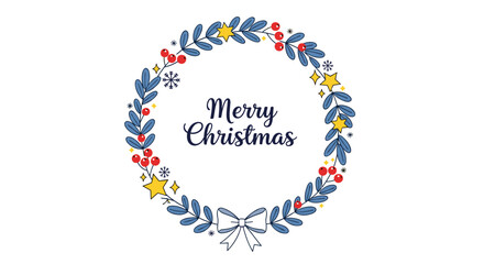 Naklejka premium Elegant christmas wreath with blue leaves, red berries, and golden stars featuring a merry christmas message.