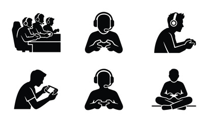 Esports gamer silhouette icons, professional video game player set with headsets and controllers, competitive gaming team and streaming vector elements © Ruma