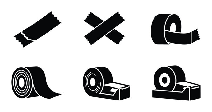 Black adhesive tape icons set, 6 duct tape vector elements, masking tape rolls and dispensers, industrial sticky tape strips for packaging and repair