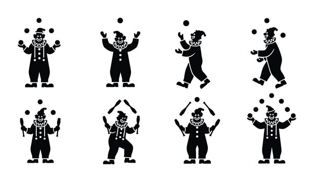 Vintage circus clown silhouette set, 8 juggling performer icons in black and white, retro carnival entertainer vector graphics for event posters