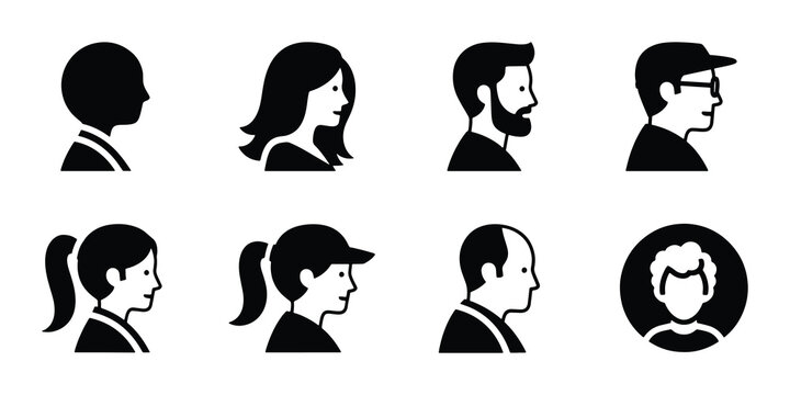 Minimalist user profile avatar icons, diverse people head silhouettes in side view, black and white human character portraits for web interface design