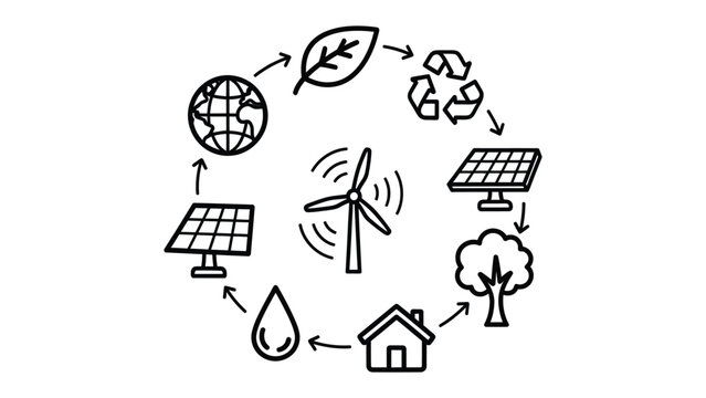 Sustainable Cycle: An illustration showcasing the cyclical nature of sustainability, integrating various elements such as renewable energy sources, environmental protection, and conservation.