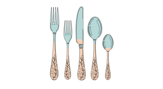 Set of elegant vintage silverware includes two forks, a knife, and two spoons with ornate leaf patterns engraved on the handles.