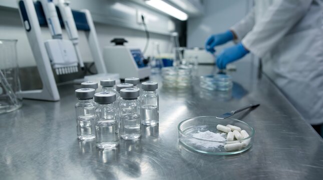 Scientist working in a modern pharmaceutical laboratory with glass vials and capsules on a metal bench.