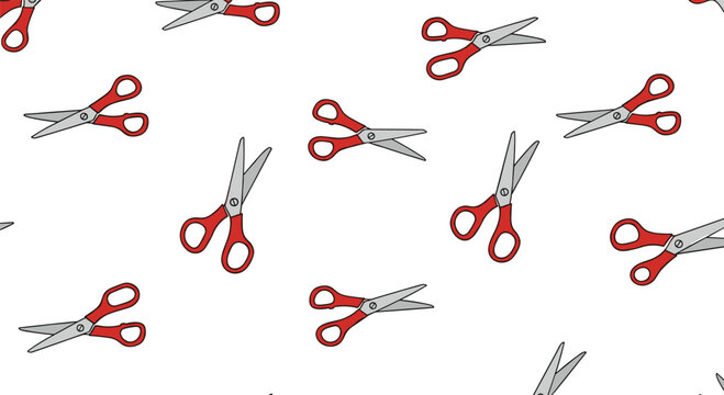 Pattern of various scissors with red handles is repeated across a white background to represent sewing, crafting, or office supplies.